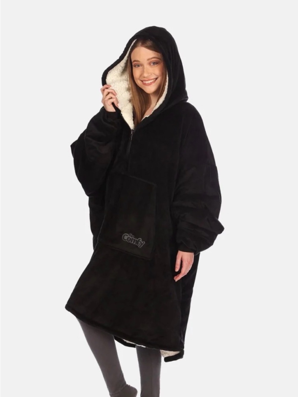 The Comfy Oversized Hooded Teddy Blanket Jacket - Black